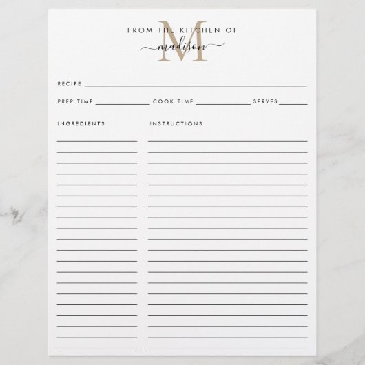 Papier Recette élégante du monogramme en or de la cuisine (Devant)