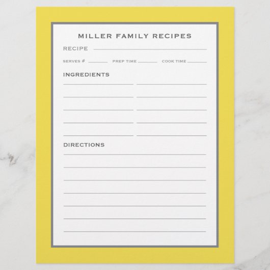 Papier Recettes de nom de famille | Simple moderne jaune (Devant)