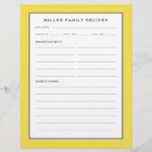 Papier Recettes de nom de famille | Simple moderne jaune (Dos)
