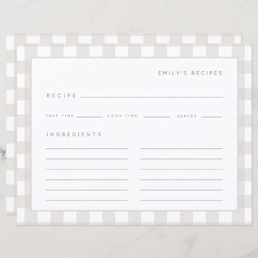 Papier Recettes En vichy Motif Gris et blanc Recette Card (Devant / Derrière)
