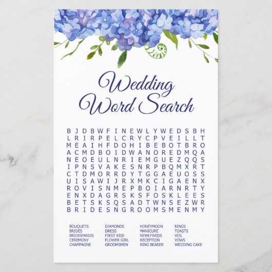 Papier Recherche de mots de mariage Hydrangeas bleues (Devant)