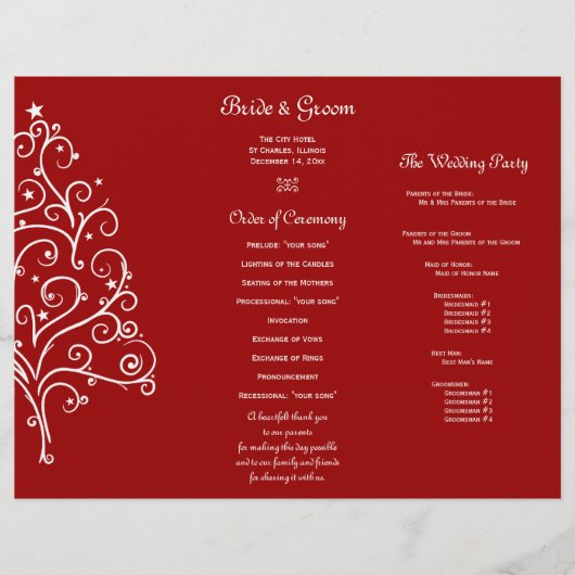 Papier Red Christmas Tree Winter Tri Fold Wedding Program (Devant)