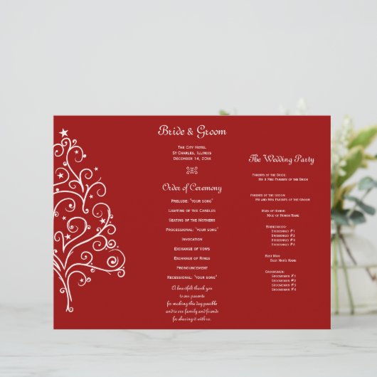 Papier Red Christmas Tree Winter Tri Fold Wedding Program (Debout devant)