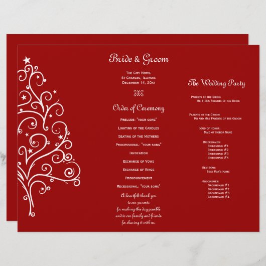 Papier Red Christmas Tree Winter Tri Fold Wedding Program (Devant / Derrière)