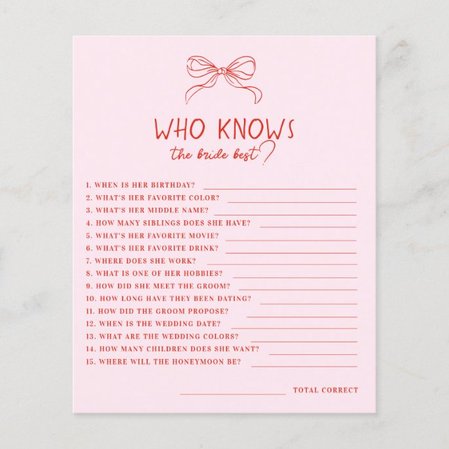 Papier Red Pink Hand Drawn Bow Who Knows Bride Best Game (Devant)