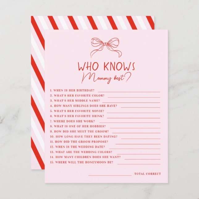 Papier Red Pink Hand Drawn Bow Who Knows Mommy Best Game (Devant / Derrière)