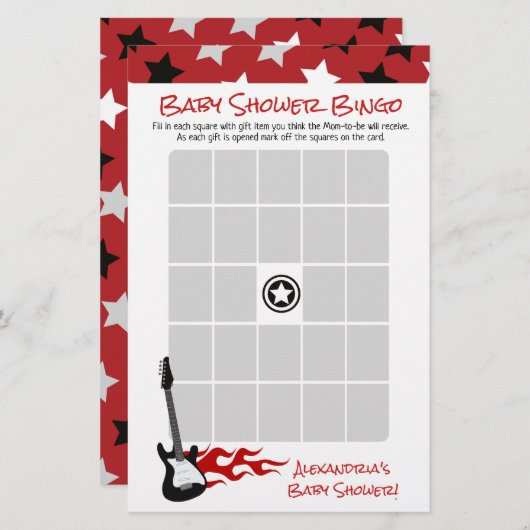 Papier Red Rock Star Rock a bye Baby shower Bingo Game (Devant / Derrière)