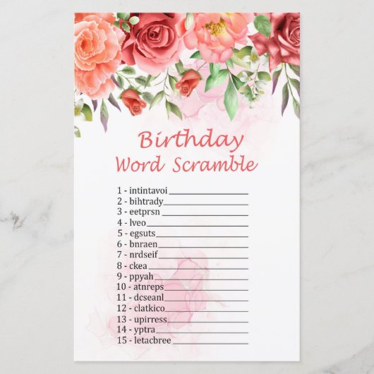 Papier Red Rose Anniversaire Mot Scramble Jeu (Devant)