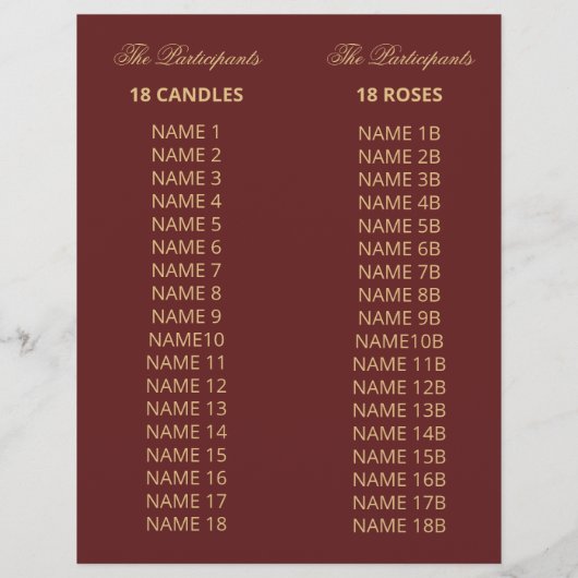 Papier Red Roses 18 Chandelles et Cérémonie Rose Programm (Dos)