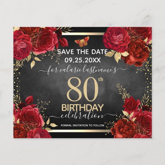Papier Red Roses 80e anniversaire Enregistrer la date Bud (Devant)