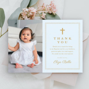 Papier Remerciement de baptême photo croix dorée élégant