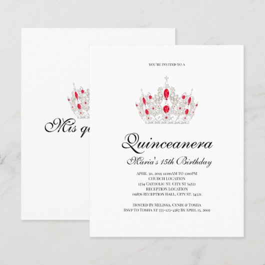 Papier Remise Quinceanera, Invitations Rouges (Devant / Derrière)