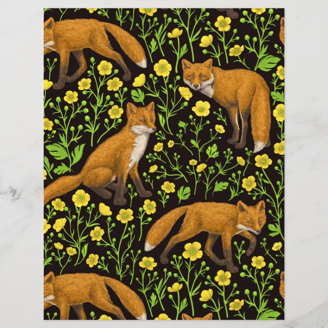 Papier Renards et boutons d'or sur fond noir (Devant)