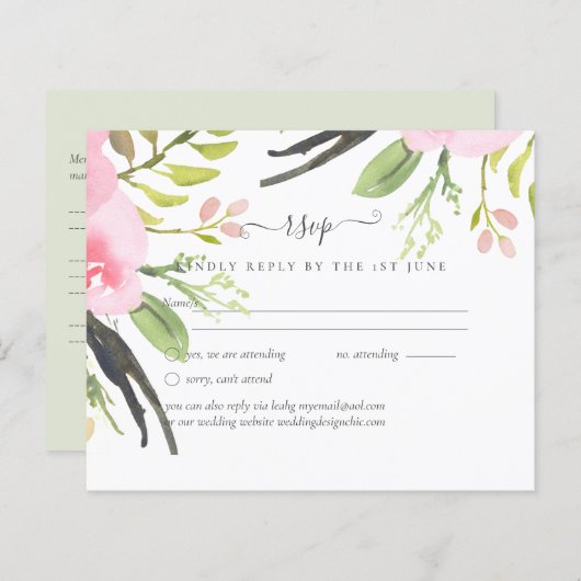 Papier Réponse de mariage Olive Blush Rose (Devant / Derrière)