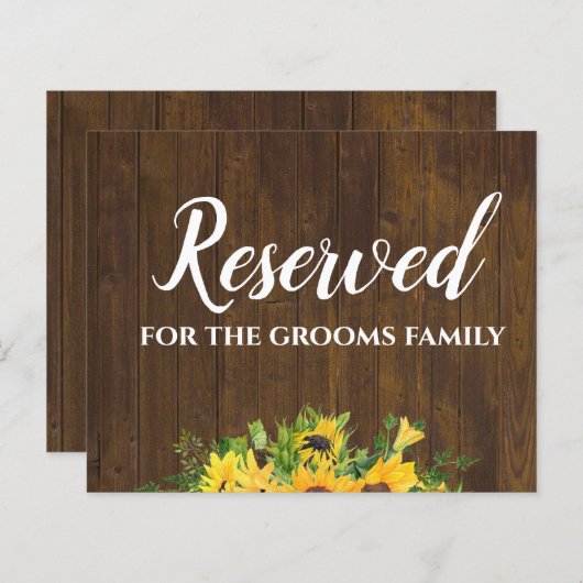 Papier Réservé pour Grooms Family Rustic Mariage Sign (Devant / Derrière)