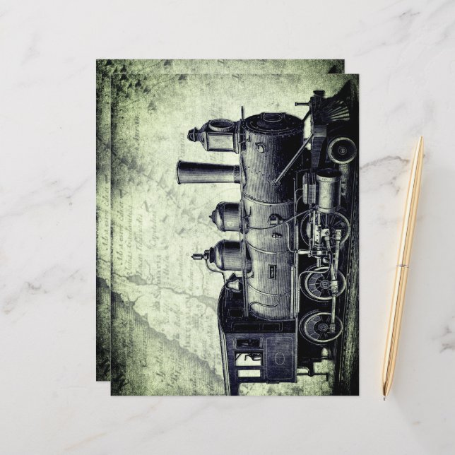 Papier Rétro, train vintage, style steampunk, thème scifi (Devant/Arrière en situation)