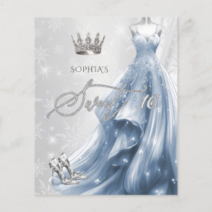 Papier Robe Bleue Dusty Snowflakes Sweet 16 Invitation