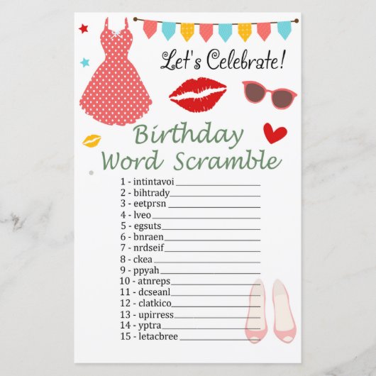 Papier Robe de pois Polka Anniversaire Mot Scramble Jeu (Devant)
