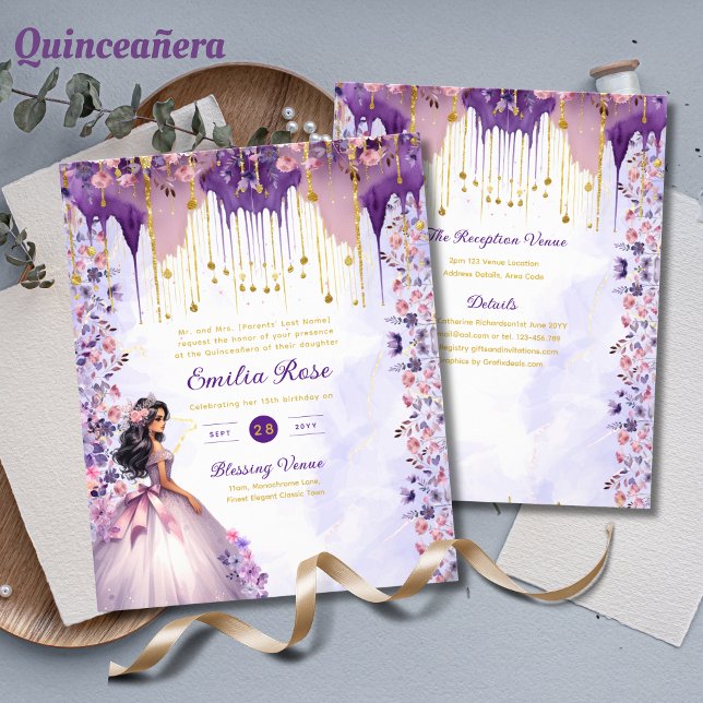 Papier Robe de Quinceanera en or violet Roses floraux (Créateur téléchargé)