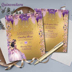 Papier Robe de Quinceanera en or violet Roses floraux