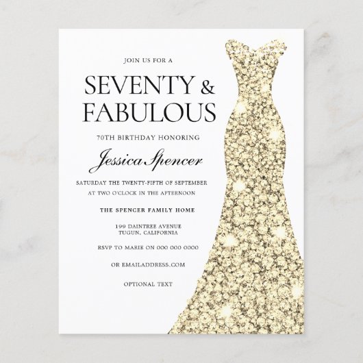 Papier Robe d'or femmes 70e anniversaire Invitation budge (Devant)