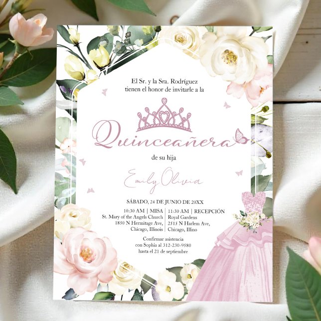 Papier Robe Floral Photo Quinceañera espagnol Invitation (Créateur téléchargé)