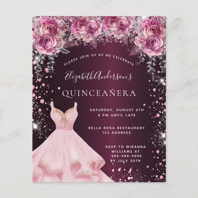 Papier Robe rose bordeaux Quinceanera invitation (Devant)
