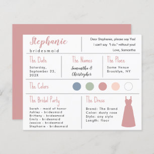 Papier Robe Rose Dusty couleur Bridesmaid Information Car