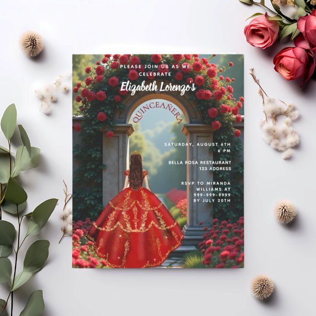 Papier Robe rouge arche rose Quinceanera invitation (Créateur téléchargé)