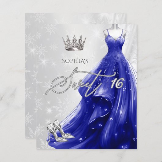Papier Robe Royale Bleue Snowflakes Sweet 16 Invitation (Devant / Derrière)