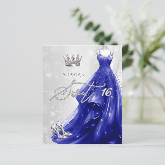 Papier Robe Royale Bleue Snowflakes Sweet 16 Invitation (Debout devant)