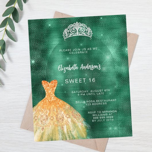 Papier Robe vert émeraude or tiara Sweet 16 invitation