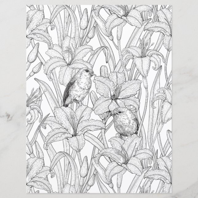 Papier Robins et fleurs de lys, noir et blanc (Devant)