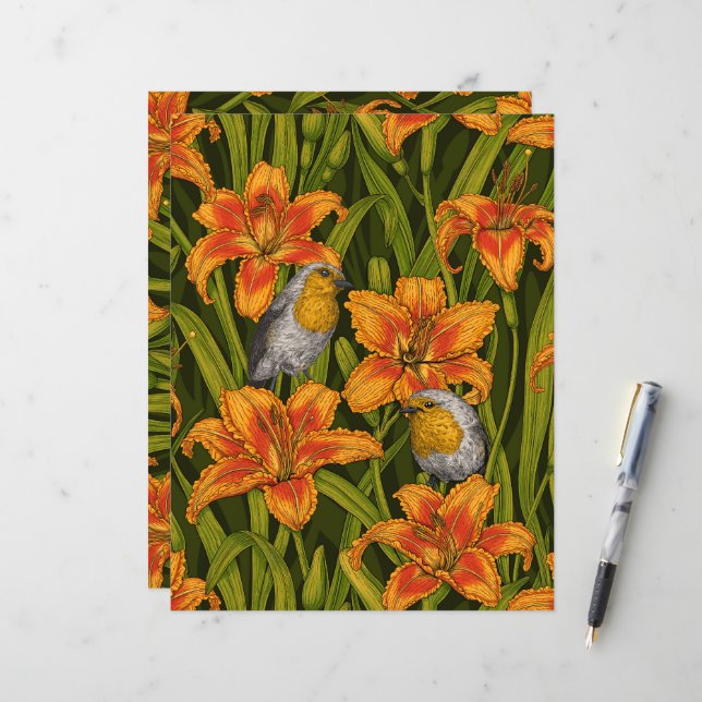 Papier Robins et fleurs de lys, orange et vert foncé (Devant/Arrière en situation)