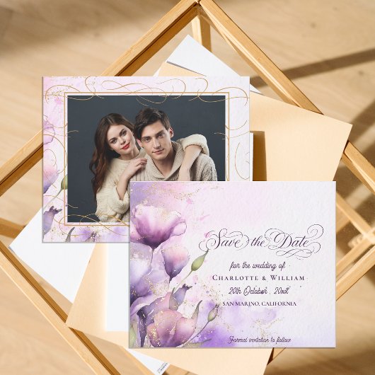 Papier Romantic Purple Floral Wedding Photo Save the Date