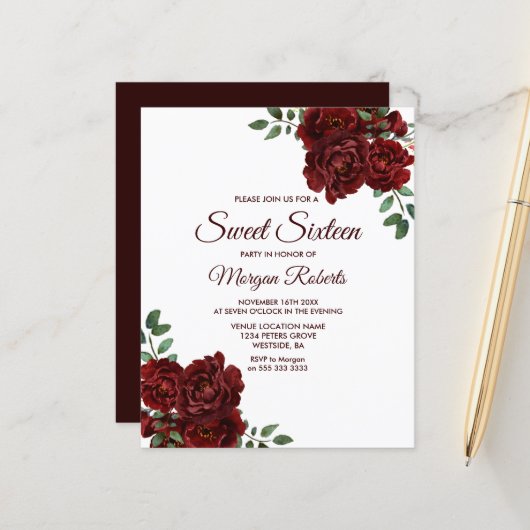 Papier Romantique Rose Rouge Sweet 16 Budget Invitation (Devant/Arrière en situation)