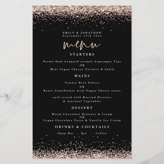 PAPIER | Roos Gold Glitter Wedding Black Menu (Voorkant)