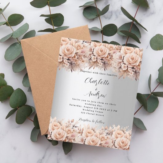 Papier Rose argent or floral élégante invitation mariage