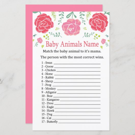 Papier Rose Baby Animaux Nom Jeu (Devant / Derrière)