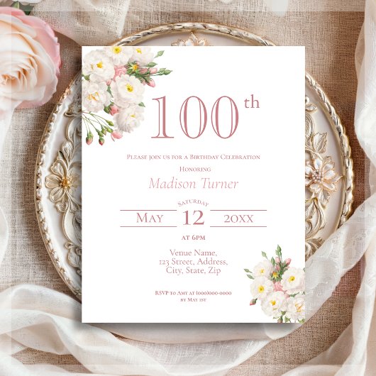 Papier Rose blanche | 100e anniversaire Invitation budgét