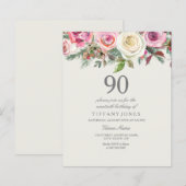 Papier Rose blanche Floral 90e anniversaire Invitation bu (Devant / Derrière)