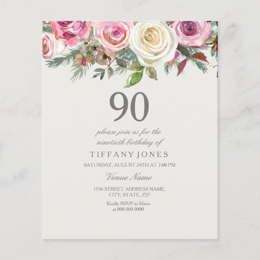 Papier Rose blanche Floral 90e anniversaire Invitation bu (Devant)