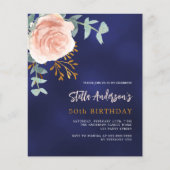 Papier Rose bleu or fleuri budget anniversaire invitation (Devant)