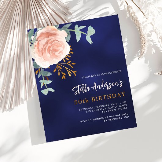 Papier Rose bleu or fleuri budget anniversaire invitation