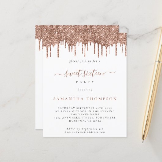 Papier Rose budget Parties scintillant Drips Sweet 16 Inv (Devant/Arrière en situation)