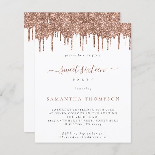 Papier Rose budget Parties scintillant Drips Sweet 16 Inv (Devant / Derrière)