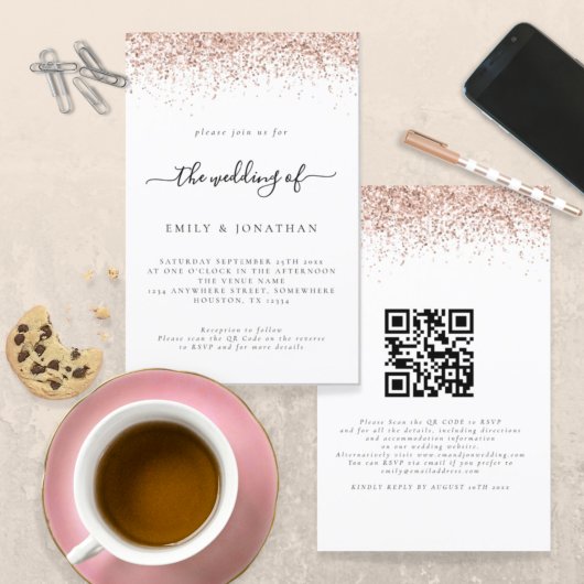 Papier Rose Budget Parties scintillant or QR Code Mariage