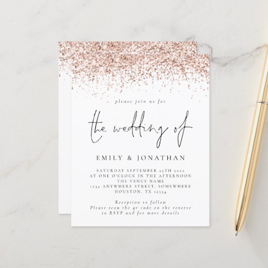 Papier Rose Budget Parties scintillant or QR Code Mariage (Devant/Arrière en situation)