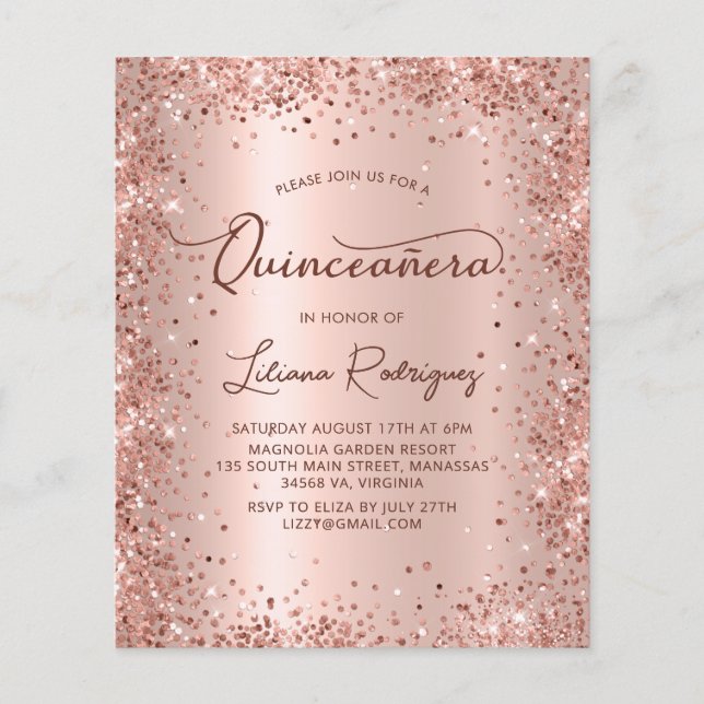 Papier Rose Budget Parties scintillant or Quinceanera Inv (Devant)
