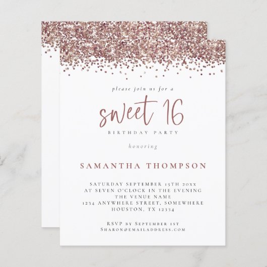Papier Rose Budget Parties scintillant or Sweet 16 Invita (Devant / Derrière)